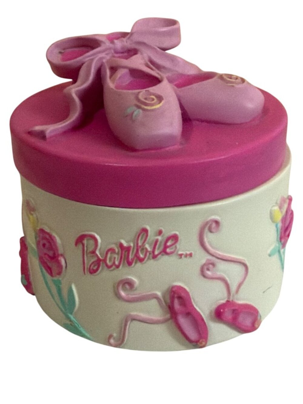Vintage Barbie Ballet Themed Ceramic Trinket Box Pink Ballet Shoes Round Tiny
